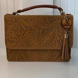 Handmade in Mexico Genuine Leather Purse - Camel Color Leaf Print